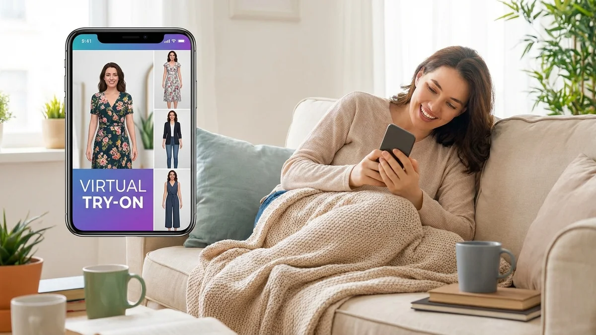 Person experimenting with different outfit styles using virtual try-on on smartphone